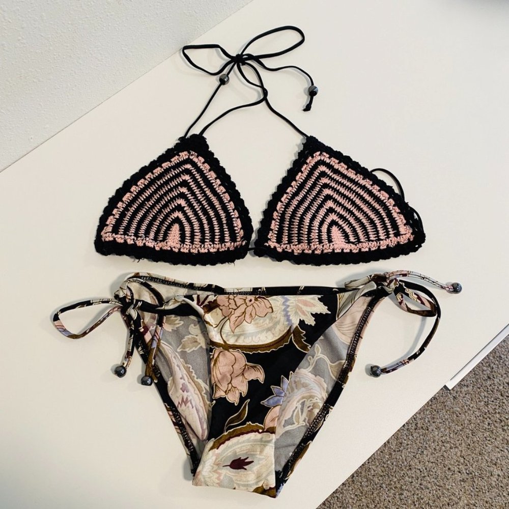 Zimmermann Black and Pink Floral Bikini